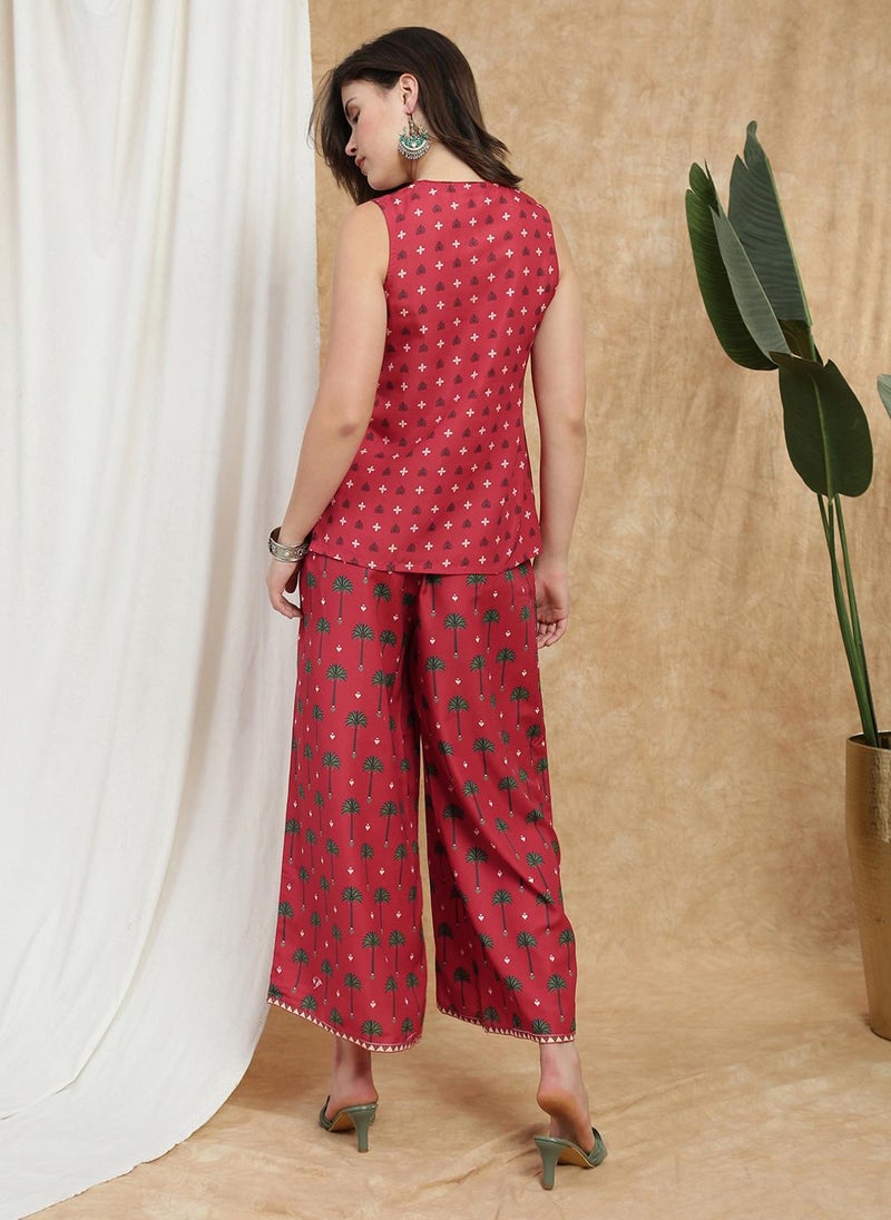 Globus Women Maroon Round Neck Mandarin Collar Ethnic Print Flared Tunic & Palazzos Fusion Co-Ord Set - Image 4